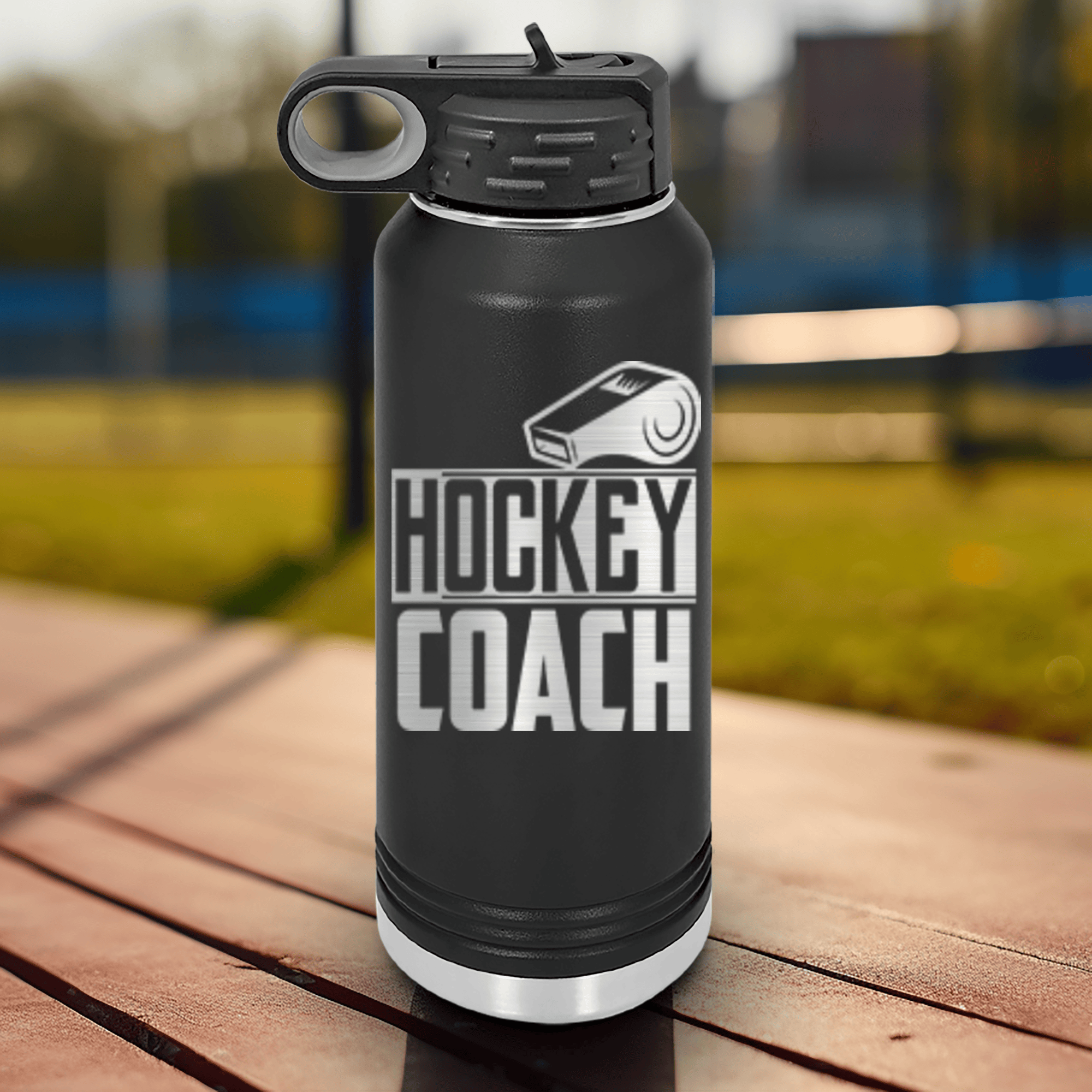 Black Hockey Water Bottle With Whistle While You Work It Design