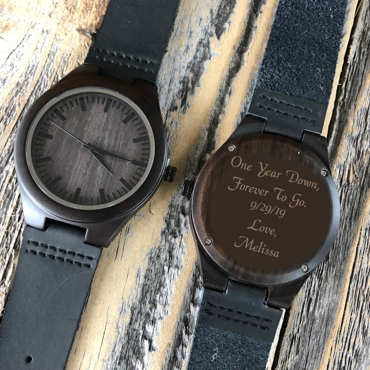 Wooden wristwatch engraved with One Year Down Forever To Go as a first anniversary gift