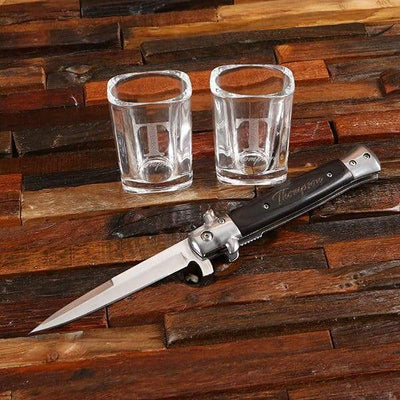 Two Personalized Shot Glasses with Black Handled Switch Blade