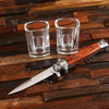 Two Personalized Shot Glasses with Brown Handled Switch Blade