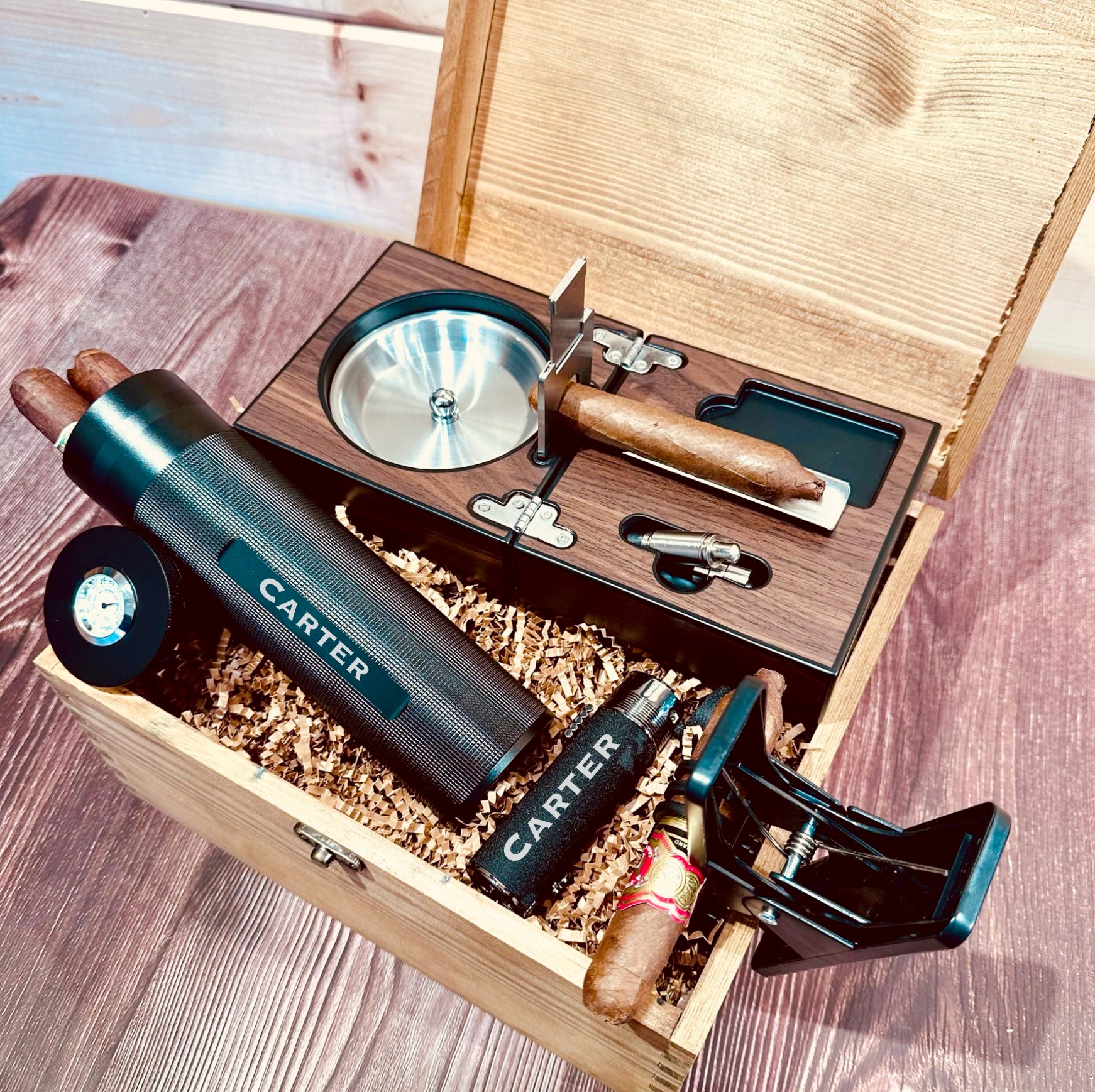 Groomsmen Cigar Box Set with Cigar Holder, Lighter, Cutter, and Flask -  Groovy Groomsmen Gifts