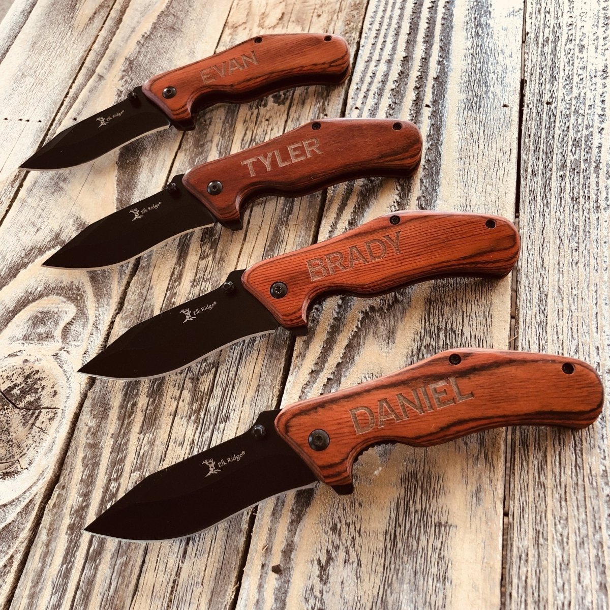 Engraved Wooden Handled Folding Knife
