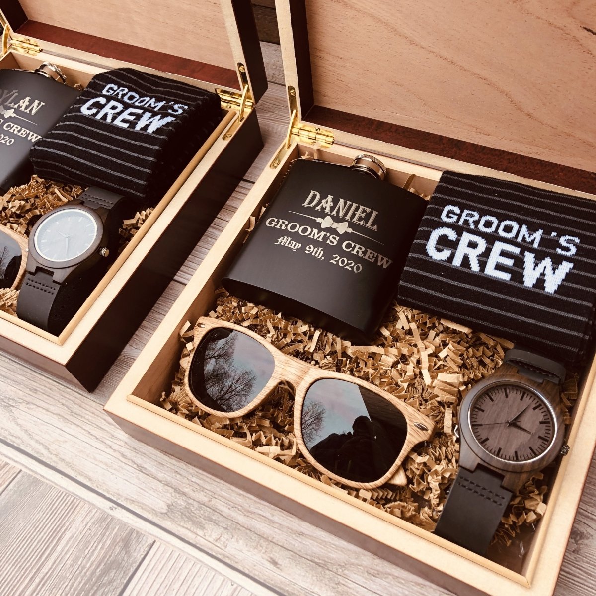 Engraved Matte Black Flask, Grooms Crew Socks, Wooden Sun Glasses and Watch