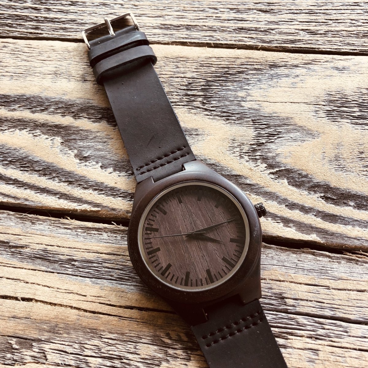 Engraved Wooden Watch with Leather Strap