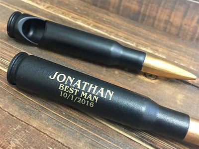 Bullet Bottle Opener engraved with name, wedding role, and date