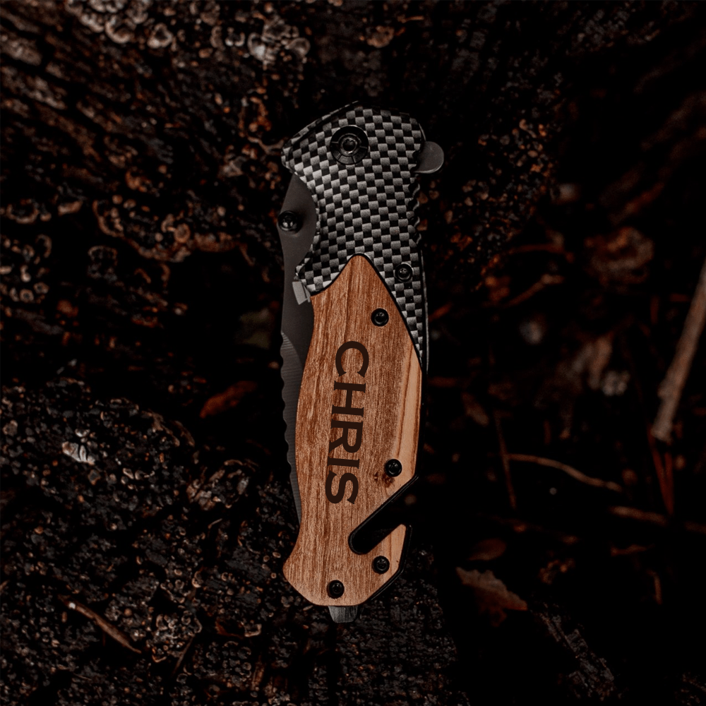 Unique Personalized Engraved Carbon Fiber Pocket Knife Customized Knife Gifts for Men by Groovy Guy