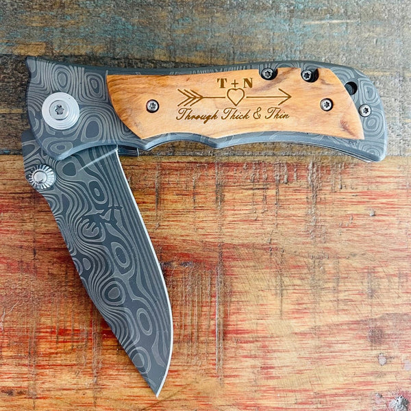 Personalized Engraved Damascus Pocket Knife for Him - Groovy Guy Gifts