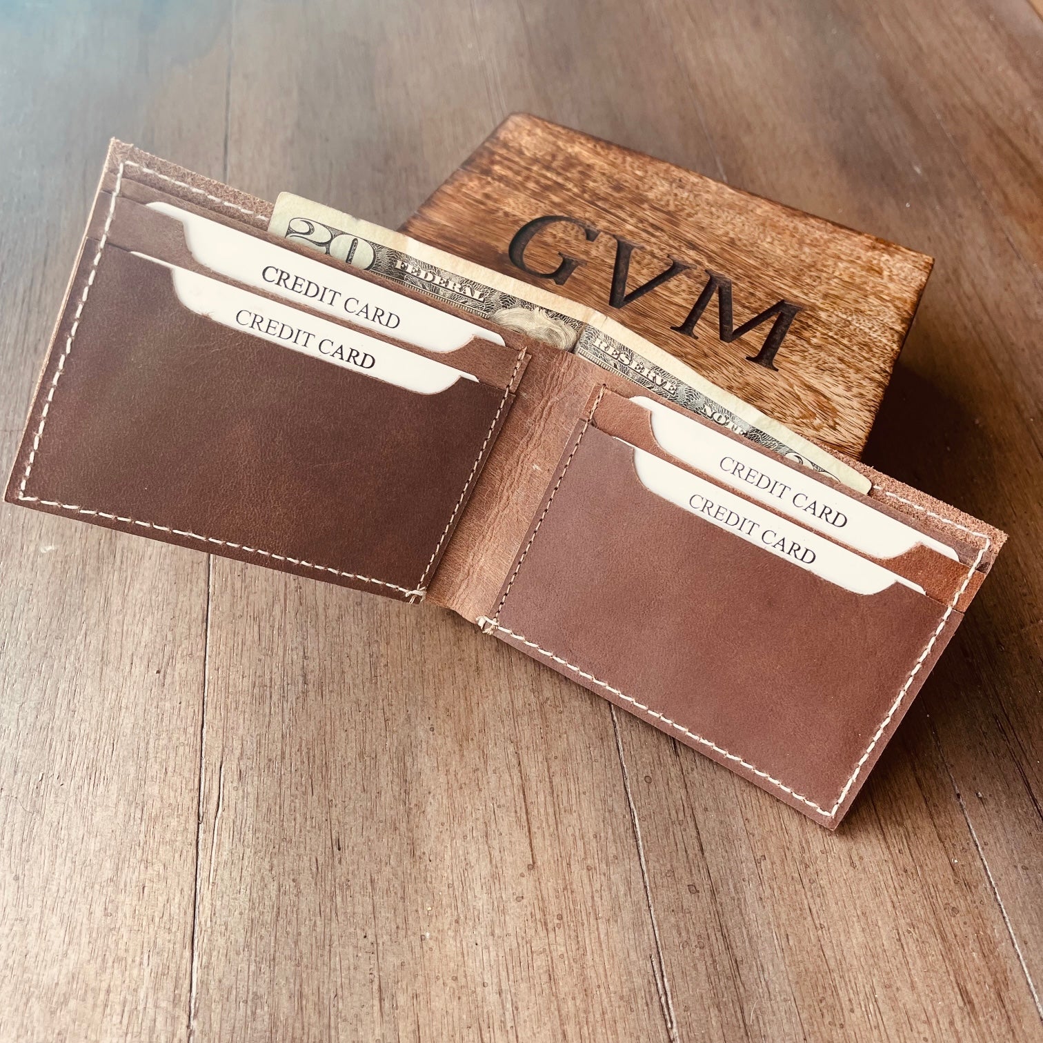  PERSONALIZED Leather Wallet. Tan Brown and Blue Credit Card,  Cash or ID Holder. Rustic Style Unisex Pouch. Monogram your Name or  Initials : Handmade Products