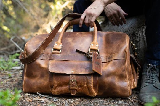 Unique Personalized Top Grain Leather Weekender Duffel Customized Duffle Bag Gifts for Men by Groovy Guy