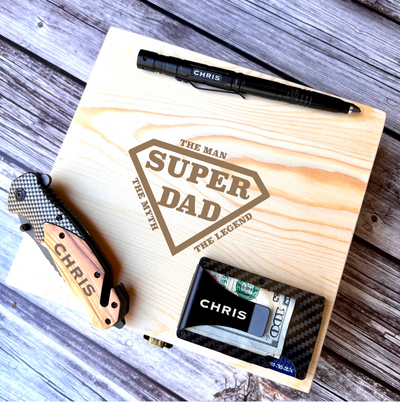 Super Dad Gift Box Set, Personalized Wallet, Knife, Tactical Pen in Custom Box