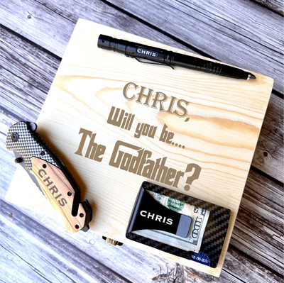 Godfather Gift Box Proposal Set, Personalized Wallet, Knife, Tactical Pen in Custom Box
