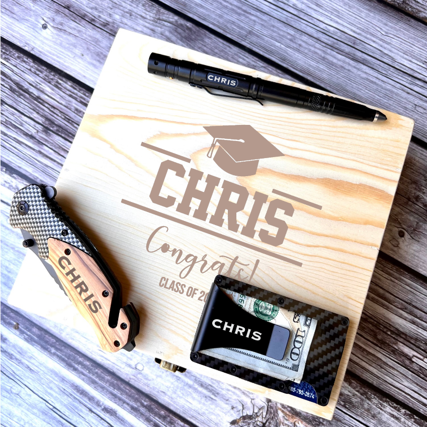 Graduation Gift Box For Him, Personalized Wallet, Knife, Tactical Pen in Custom Box