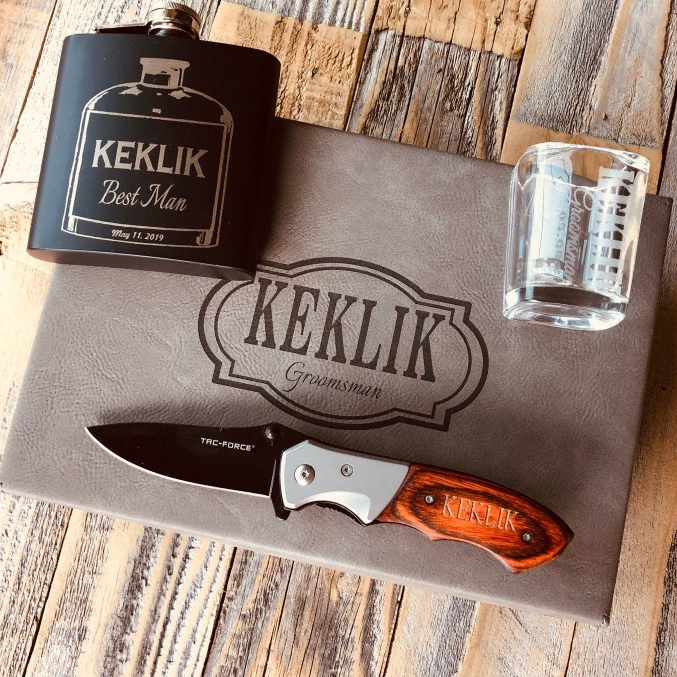 Unique Groomsman Thank You Set: Customized Flask, Knife & Shot Glass - Memorable and Bold Gift Choice