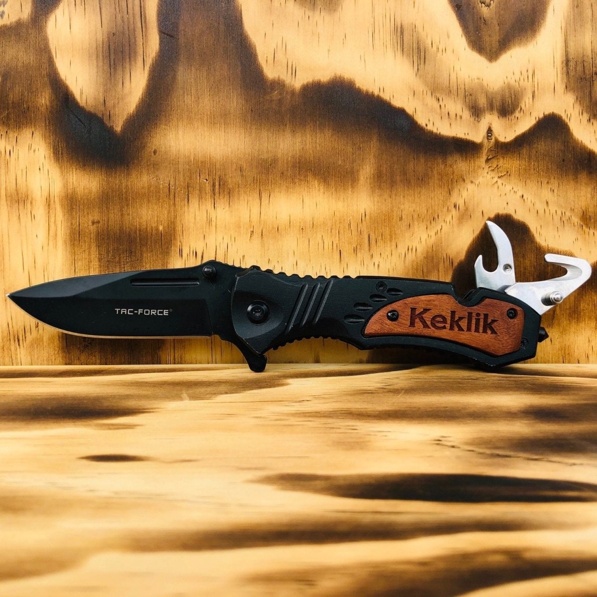 Black Utility Knife, Wooden Engraved Handle 