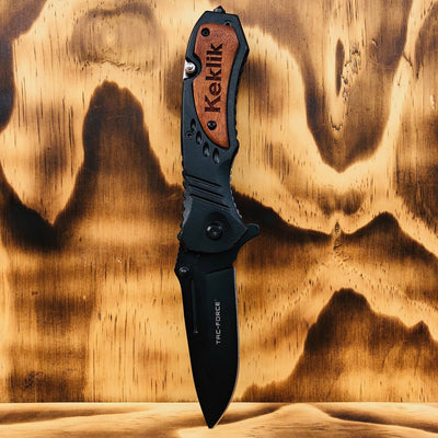 Black Utility Knife, Wooden Engraved Handle