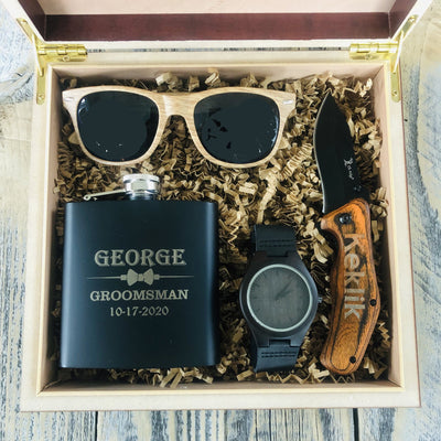 Gift Box Set with personalized knife, waych, flask, and sunglasses