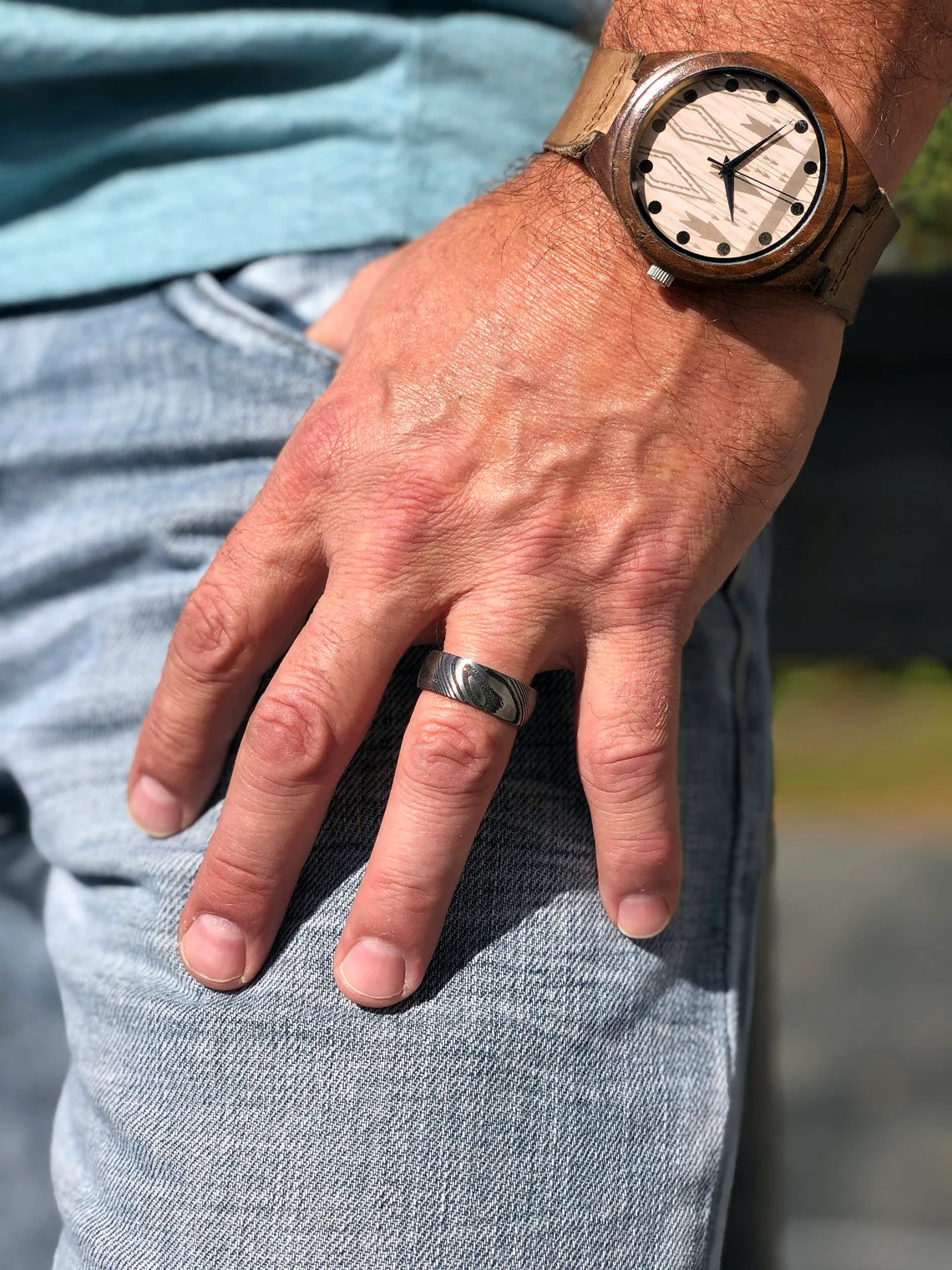 Unique Personalized Damascus Steel and Barrel Wood Ring Customized Ring Gifts for Men by Groovy Guy