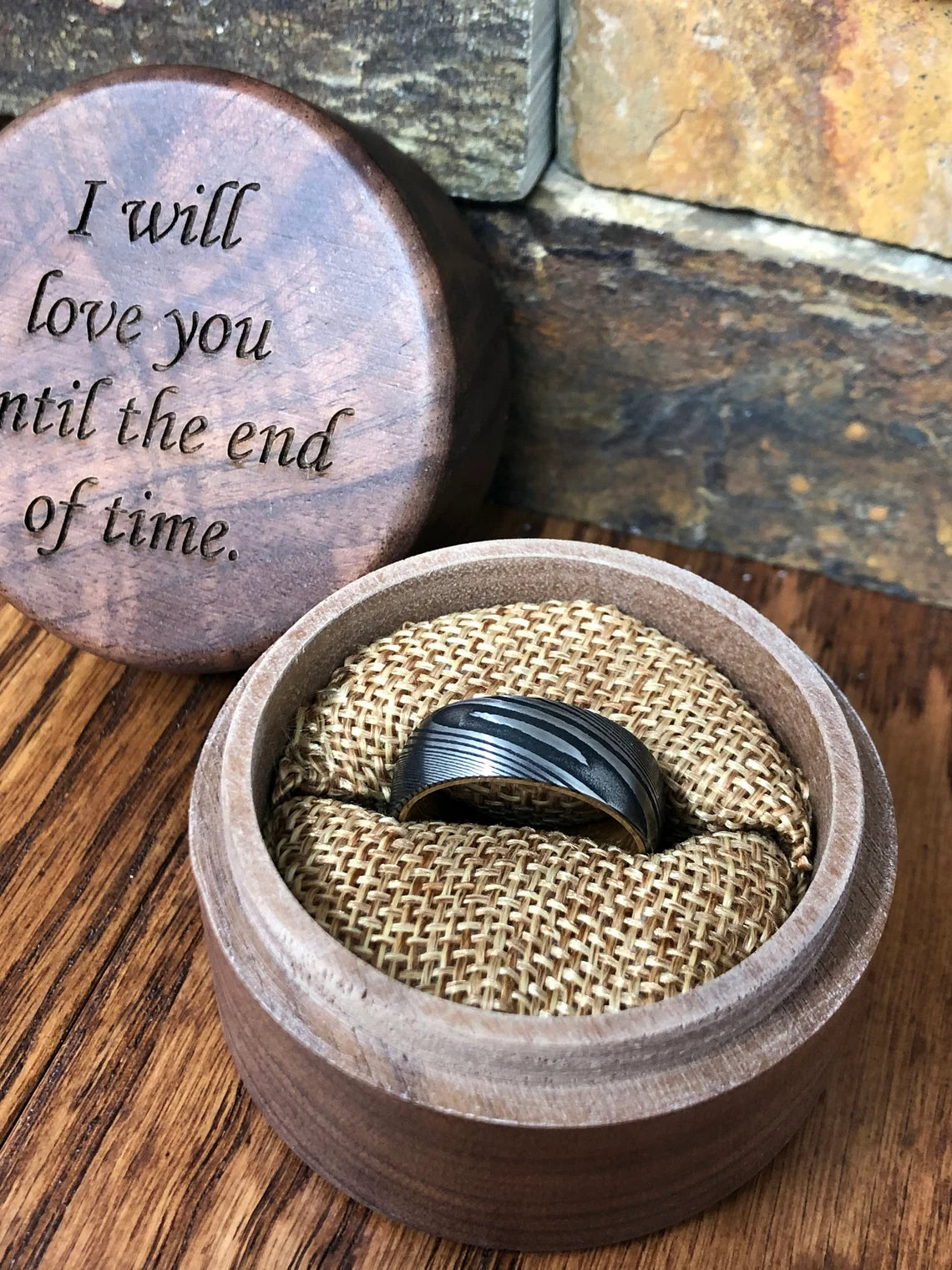 Unique Personalized Damascus Steel and Barrel Wood Ring Customized Ring Gifts for Men by Groovy Guy