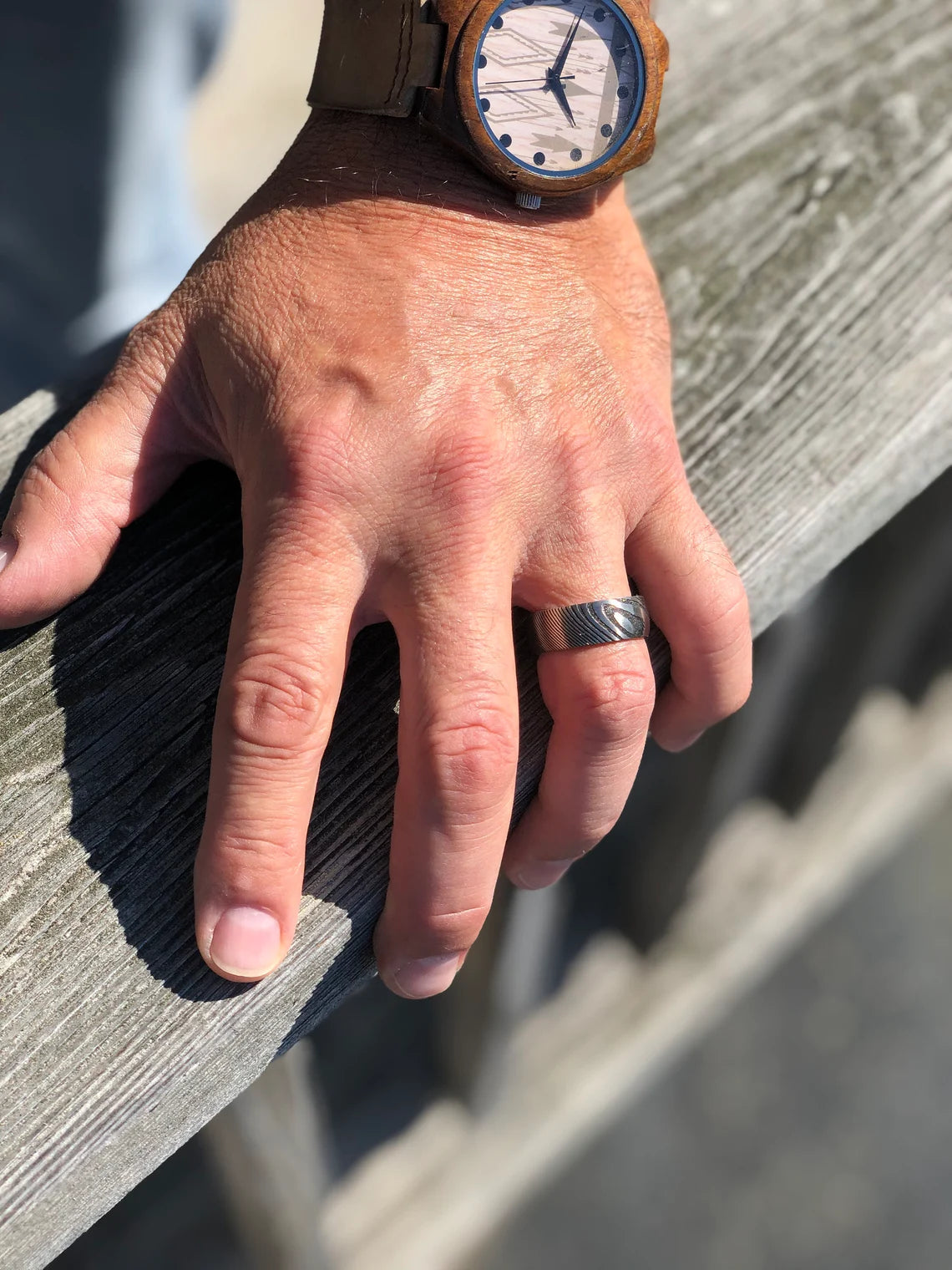 Unique Personalized Damascus Steel and Barrel Wood Ring Customized Ring Gifts for Men by Groovy Guy