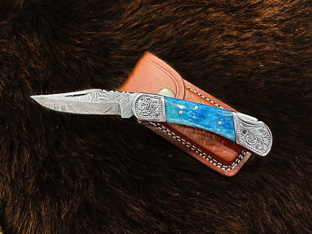 Unique Personalized Dyed Blue Bone Damascus Pocket Knife Customized Damascus Knife Gifts for Men by Groovy Guy