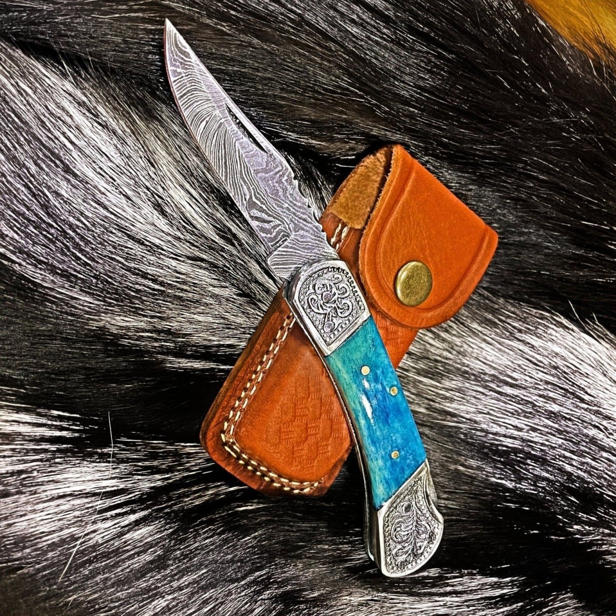 Unique Personalized Dyed Blue Bone Damascus Pocket Knife Customized Damascus Knife Gifts for Men by Groovy Guy