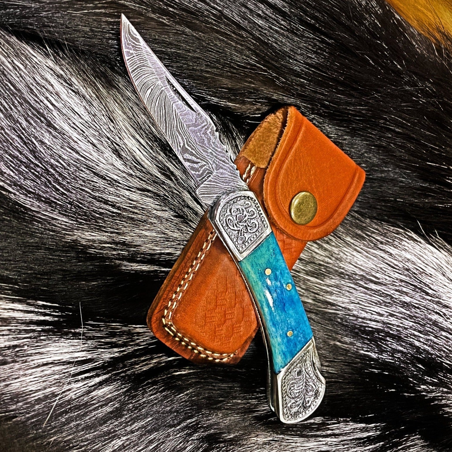 Dyed Blue Bone Damascus Pocket Knife - Groovy Guy Gifts