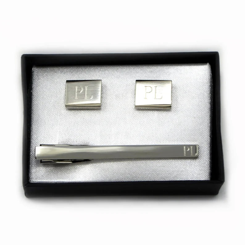 Art-Deco Monogrammed Tie Clip and Cuff Links Set, cufflinks set