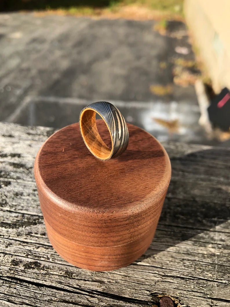 Unique Personalized Damascus Steel and Barrel Wood Ring Customized Ring Gifts for Men by Groovy Guy
