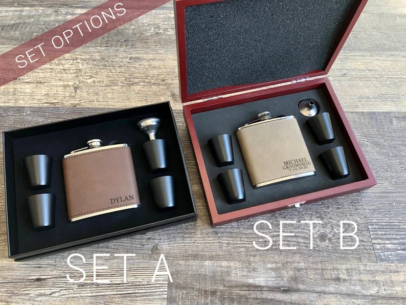 Unique Personalized Leather Flask Gift Set Customized Flasks Gifts for Men by Groovy Guy