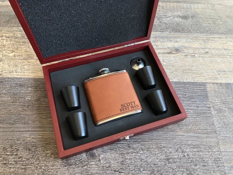 Unique Personalized Leather Flask Gift Set Customized Flasks Gifts for Men by Groovy Guy
