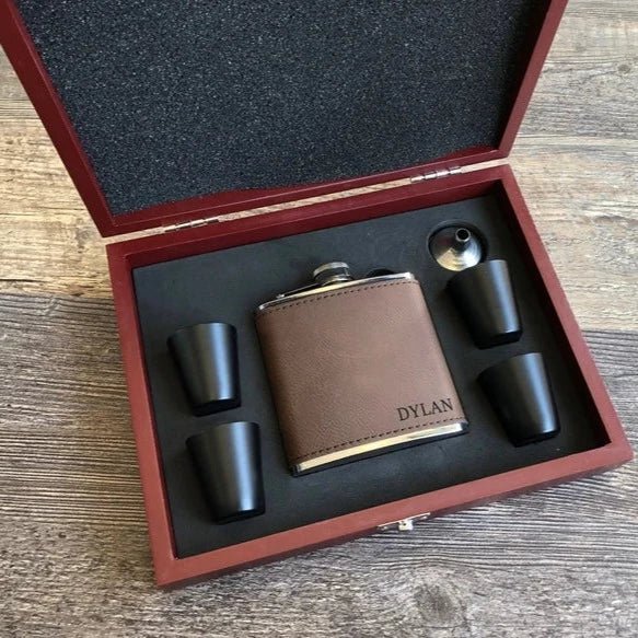 Unique Personalized Leather Flask Gift Set Customized Flasks Gifts for Men by Groovy Guy