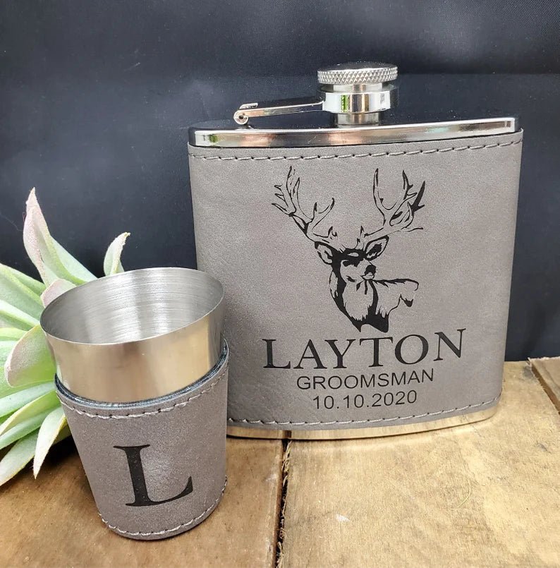 Unique Personalized Engraved Flask and Shot Glass Set Customized Flask Set Gifts for Men by Groovy Guy