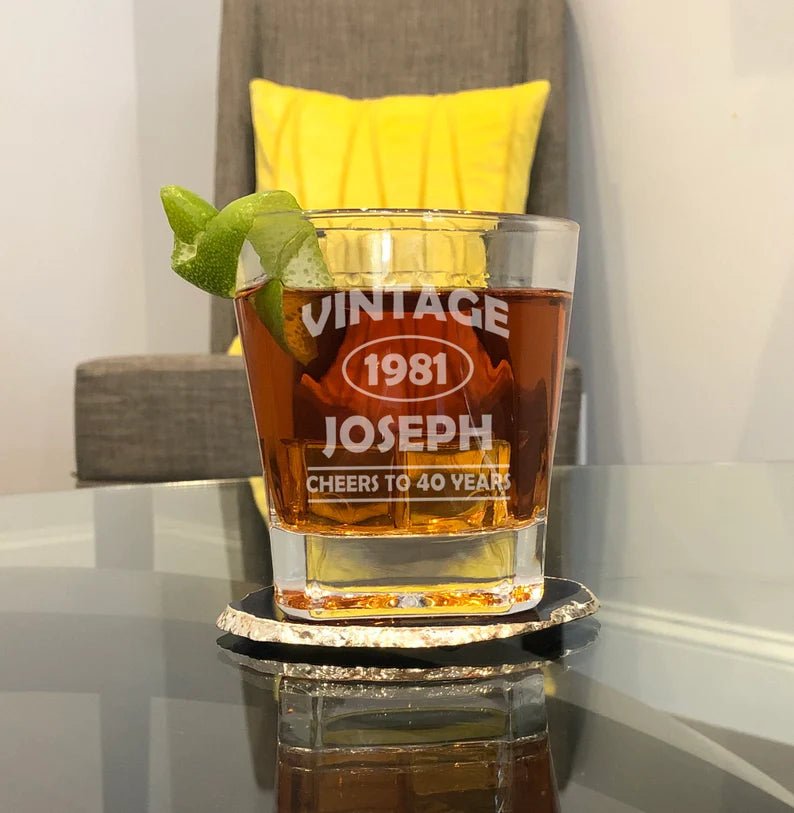 Unique Personalized Vintage Birthday Whiskey Glass Customized Whiskey Gifts for Men by Groovy Guy