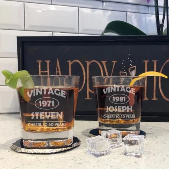 Unique Personalized Vintage Birthday Whiskey Glass Customized Whiskey Gifts for Men by Groovy Guy