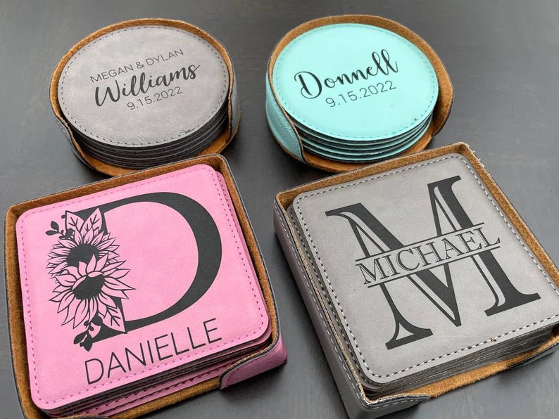 Unique Personalized Leatherette Leather Coasters Customized Coasters Gifts for Men by Groovy Guy