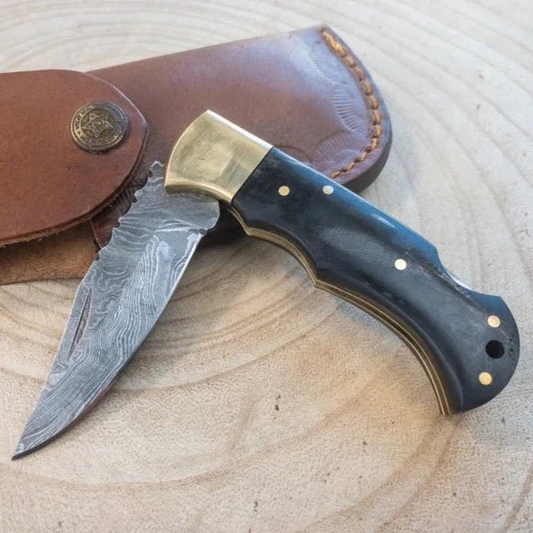 Unique Personalized Damascus Black Bone Pocket Knife Customized Knife Gifts for Men by Groovy Guy