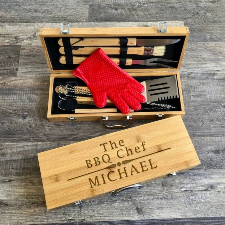 Personalized BBQ grilling tool set with spatula, tongs, fork, and more in a bamboo case