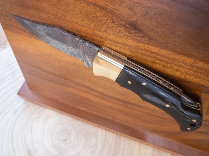 Unique Personalized Damascus Black Bone Pocket Knife Customized Knife Gifts for Men by Groovy Guy