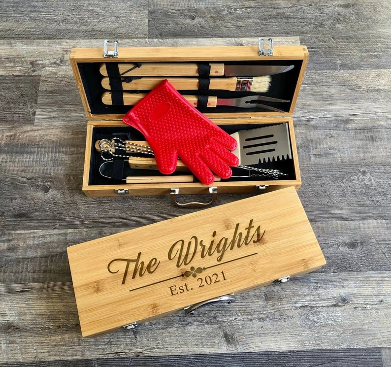 Personalized BBQ grilling tool set with spatula, tongs, fork, and more in a bamboo case