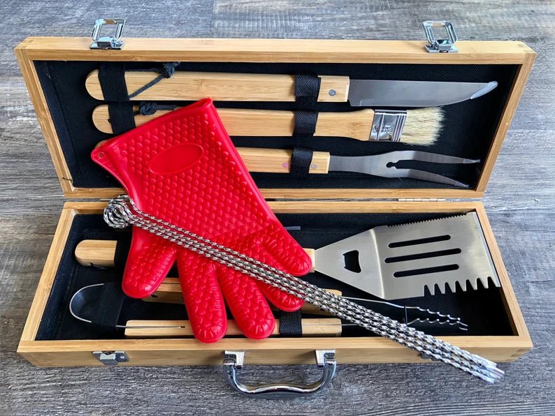 Personalized BBQ grilling tool set with spatula, tongs, fork, and more in a bamboo case
