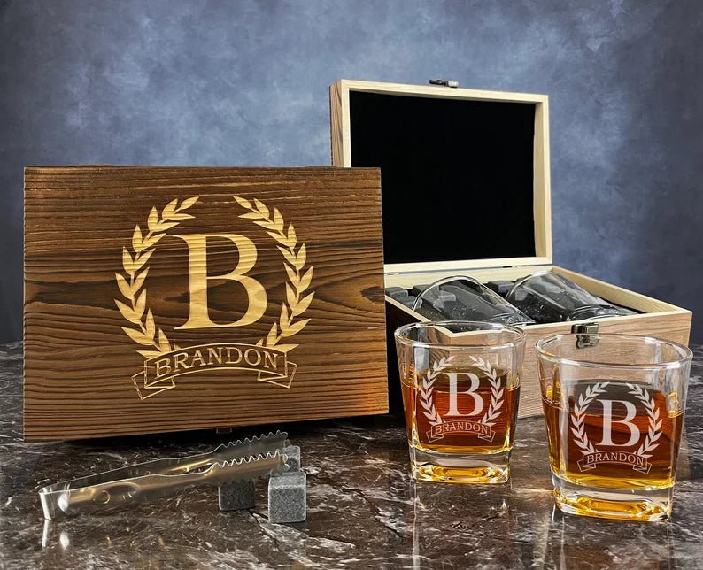 Unique Personalized Whiskey Stone Gift Set Customized Whiskey Glass Set Gifts for Men by Groovy Guy