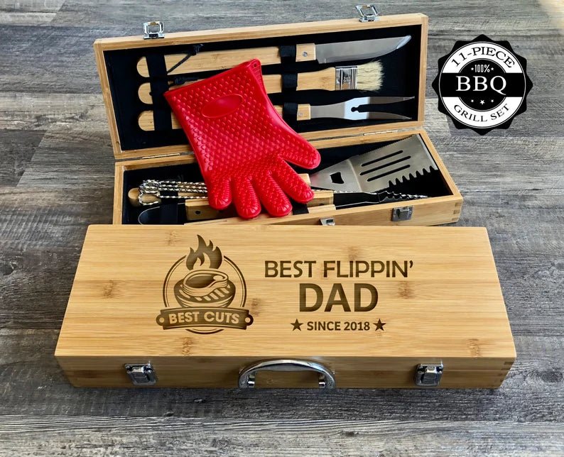 Personalized BBQ grilling tool set with spatula, tongs, fork, and more in a bamboo case