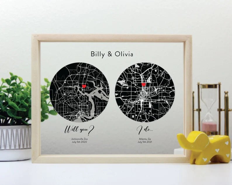 Unique Personalized Framed Maps of our Love Customized Anniversary Gifts for Men by Groovy Guy