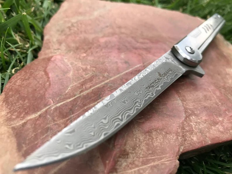 Unique Personalized Damascus Steel EDC Pocket Knife Customized Knives Gifts for Men by Groovy Guy