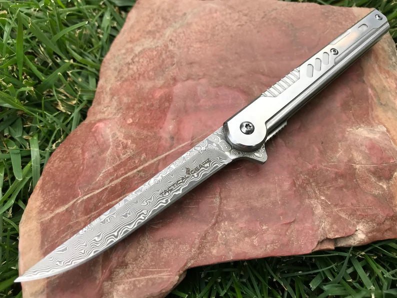 Unique Personalized Damascus Steel EDC Pocket Knife Customized Knives Gifts for Men by Groovy Guy