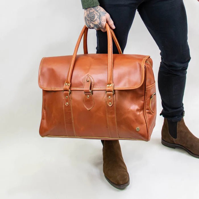 Unique Personalized Saddle Leather Weekender Customized Duffel Bags Gifts for Men by Groovy Guy