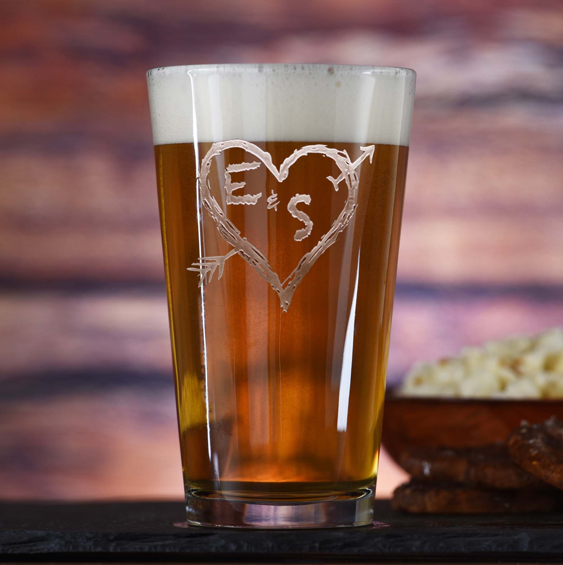 Heart Arrow and Initials Wedding Pub Pint Beer Glass