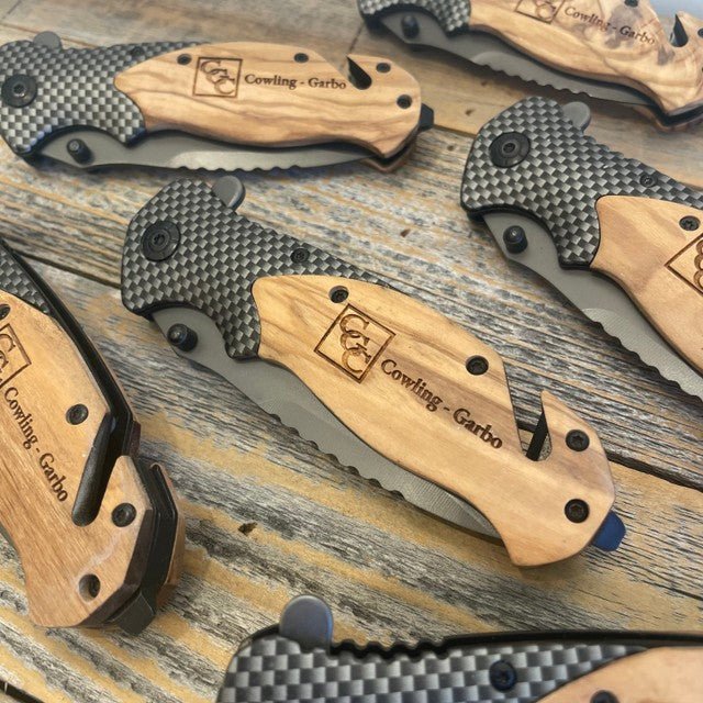 Unique Personalized Logo on Carbon Knife Customized Logo Gifts for Men by Groovy Guy