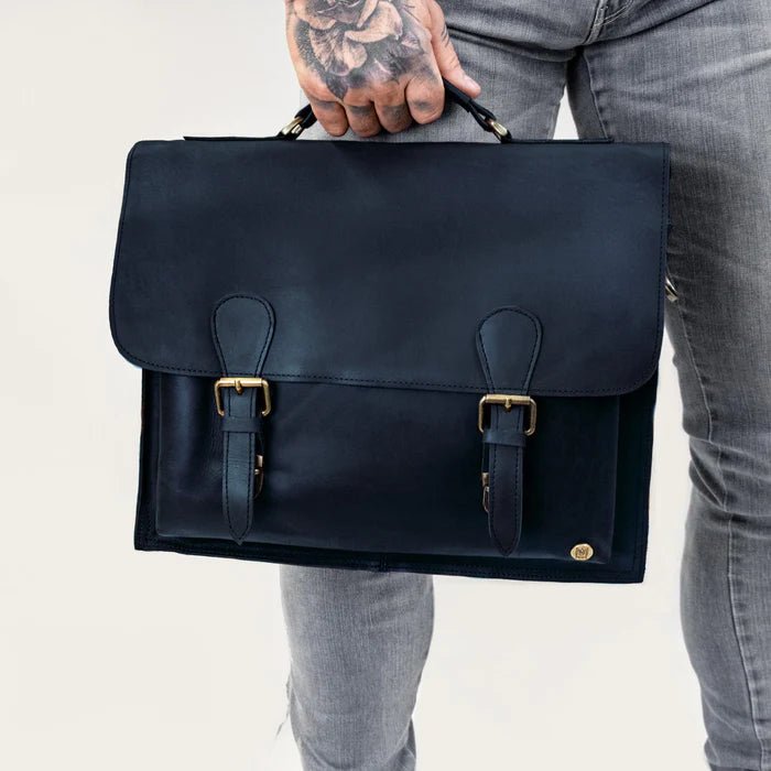 Blue leather messenger bag shop