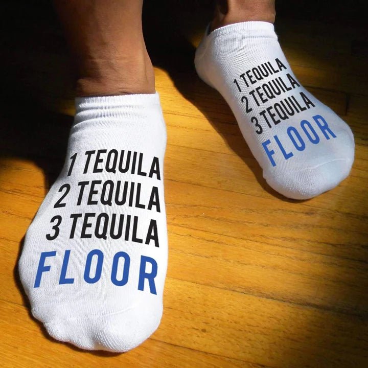 Unique Personalized One Tequila Two Tequila Three Tequila Floor Customized Socks Gifts for Men by Groovy Guy